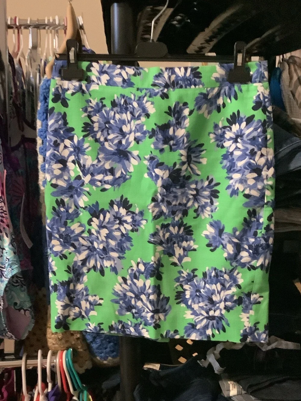 J. Crew Green Pencil Skirt with Blue Floral Print